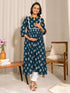 Teal Cotton Floral Fit & Flare Kurta